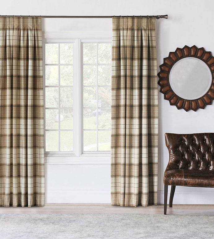 Aldrich Plaid Drapery, Eastern Accents: Traditional Bozeman draperies in a neutral plaid pattern frame a bright window, adding tailored elegance and privacy to a classic sitting room.