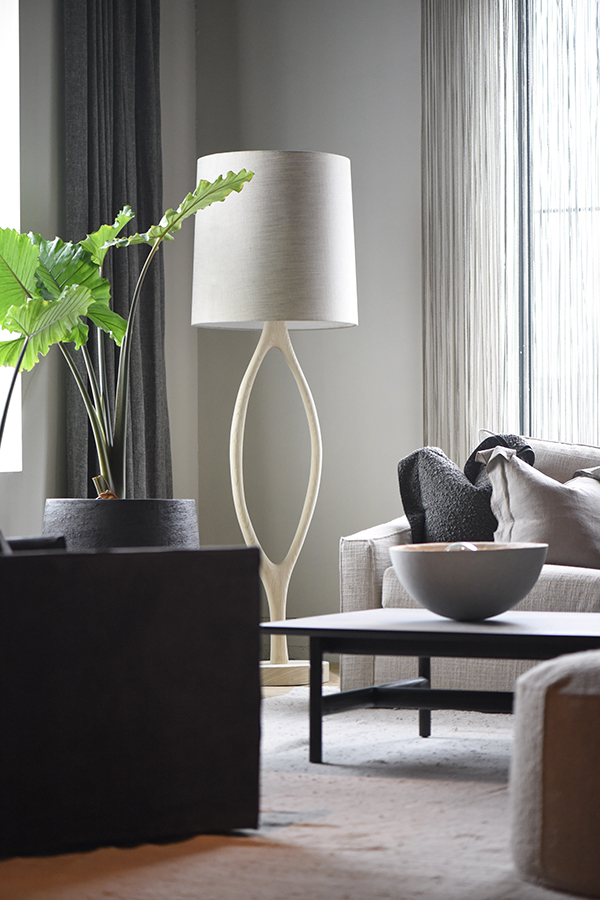 Charcoal Linen Drapery, Verellen: Modern charcoal Bozeman draperies in heavy linen add warmth and depth to this cozy living space, complemented by sculptural lighting and neutral furnishings.