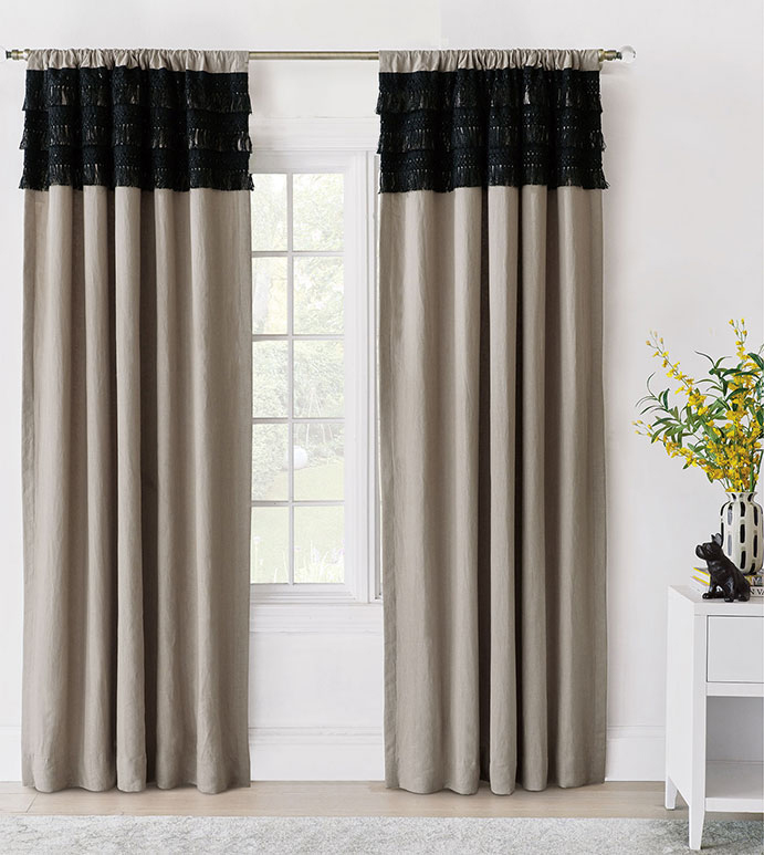 Freya Fringe Drapery, Eastern Accents: Neutral Bozeman draperies with dramatic black fringe top detail bring bold contrast and soft structure to a bright, welcoming window display.