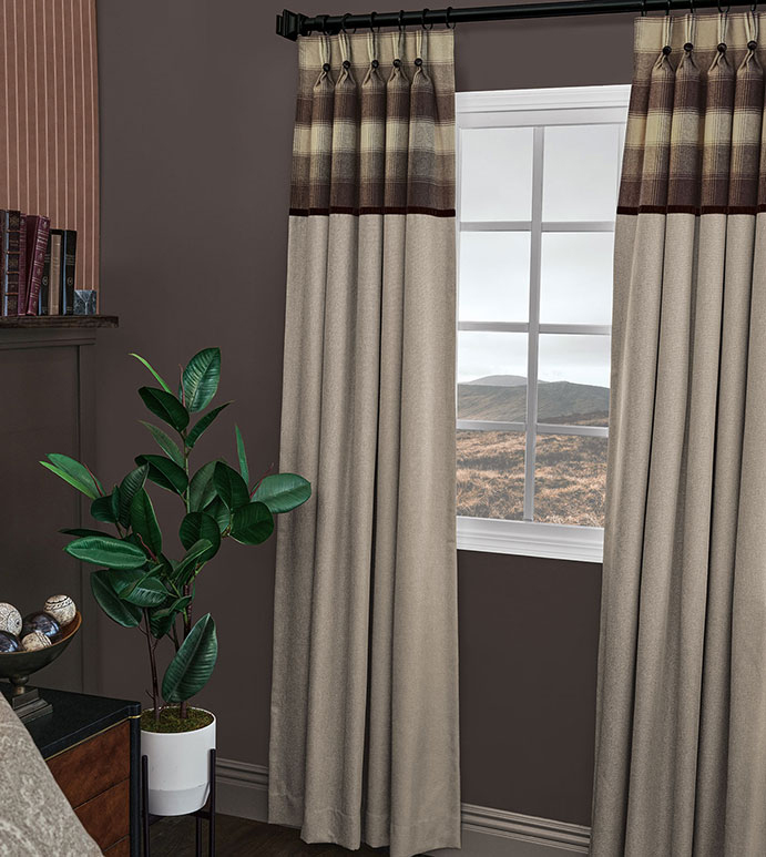 Highland Plaid Drapery, Eastern Accents: A cozy corner features warm-toned plaid Bozeman draperies with tailored pleats, adding texture and pattern to a traditional bedroom setting.
