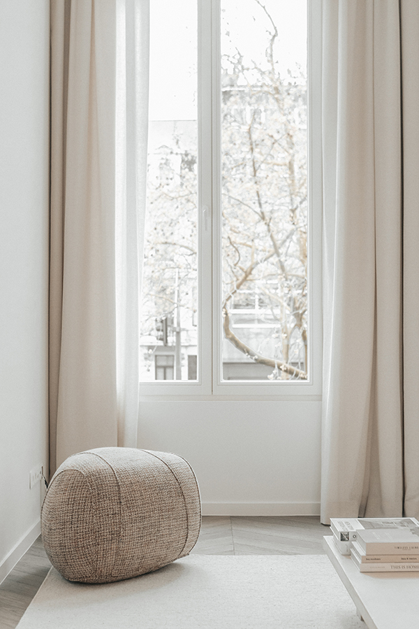 Linen Drapery Detail, Verellen: A close-up of airy, neutral-toned Bozeman draperies highlights soft pleats and relaxed texture, ideal for serene, light-filled spaces.