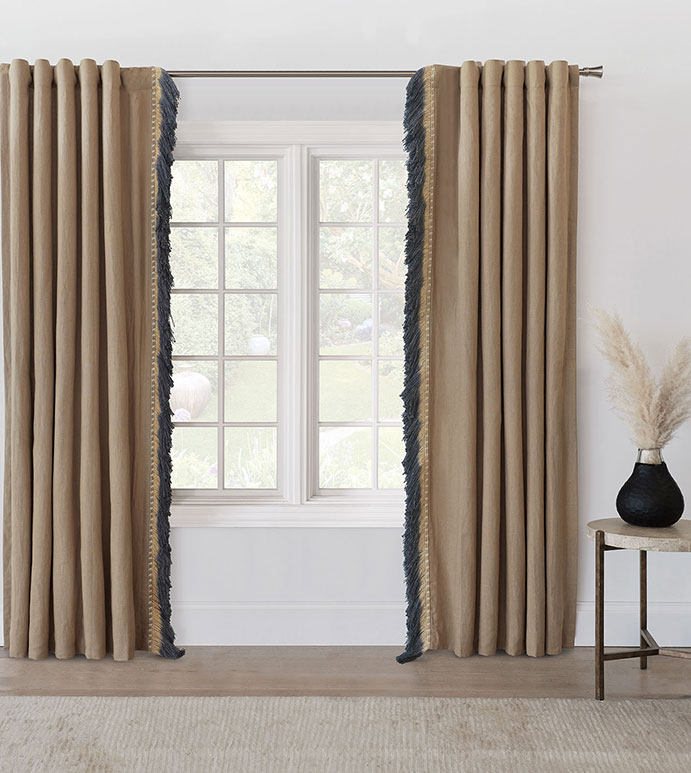 Midori Linen Drapery, Eastern Accents: Gold linen Bozeman draperies trimmed with navy fringe bring refined contrast and a designer edge to this formal window setting.