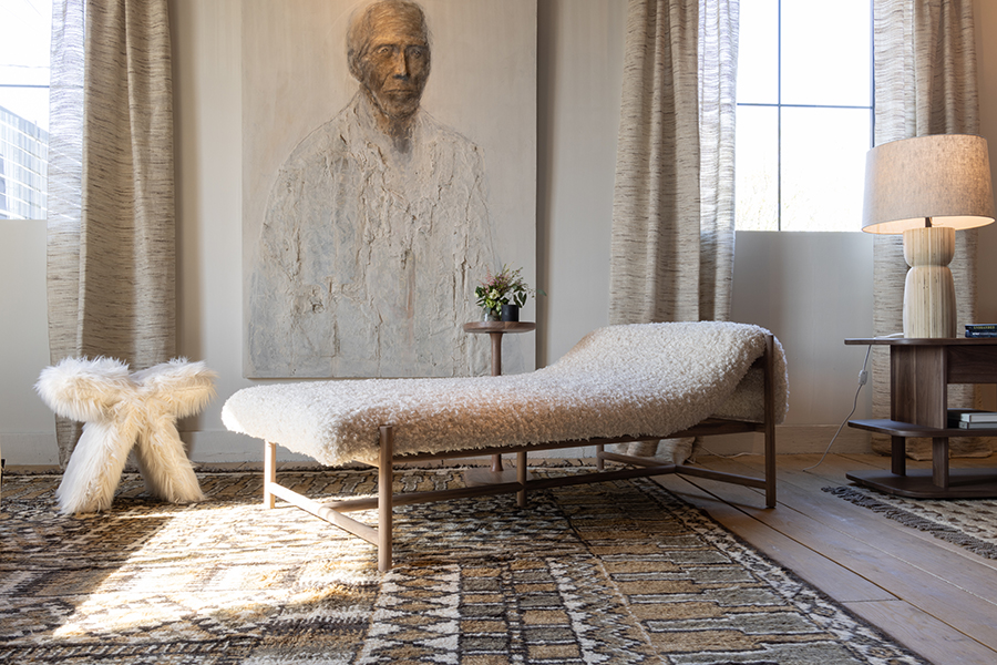 Natural Linen Drapery, Verellen: A sunlit lounge features textured natural linen Bozeman draperies, grounding the space with soft movement and organic modern design.