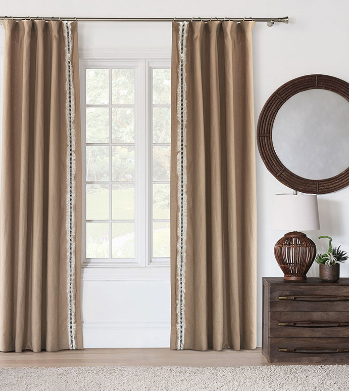 Naya Fringe Drapery, Eastern Accents: Elegant Bozeman draperies in taupe with subtle side fringe detailing lend tailored style and softness to a transitional bedroom design.