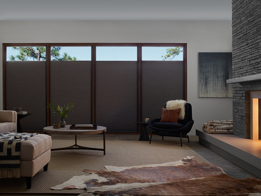 Duette LightLock blackout shade in a relaxed living room nook with modern decor and layered textures, showcasing privacy-forward window shades in Bozeman.