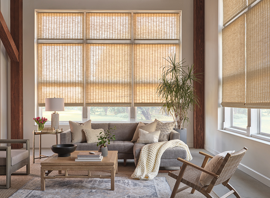 Provenance woven wood shades softening daylight in a bright sitting area with modern and traditional decor elements—natural texture window shades in Bozeman.