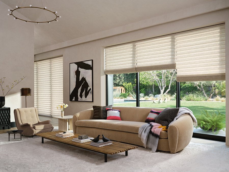 Vignette roman shades in a playful, bright bedroom, part of the expansive custom shades collection available in Bozeman at Gallatin Valley Furniture.
