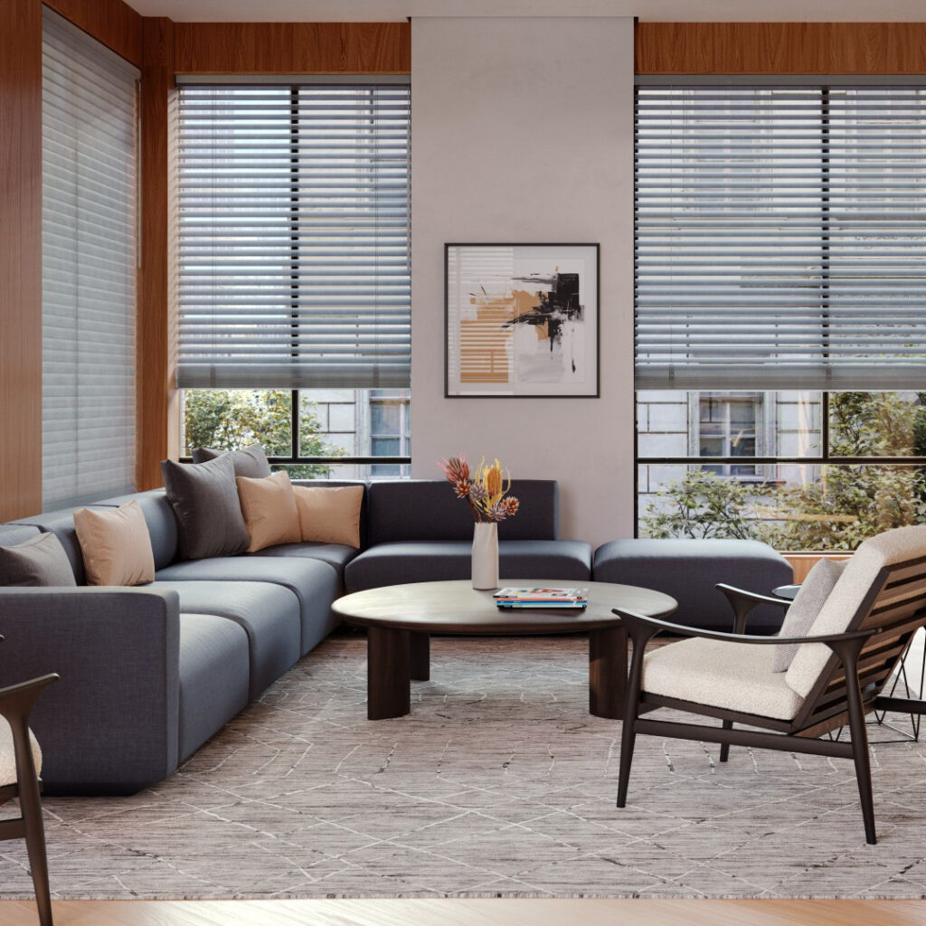 Light-filtering Aria soft blinds in a neutral-toned Bozeman living room offer a clean, contemporary look with added privacy and softness.